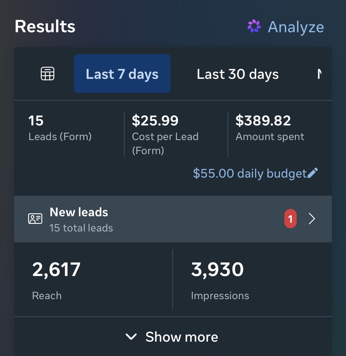 Client campaign results screenshot