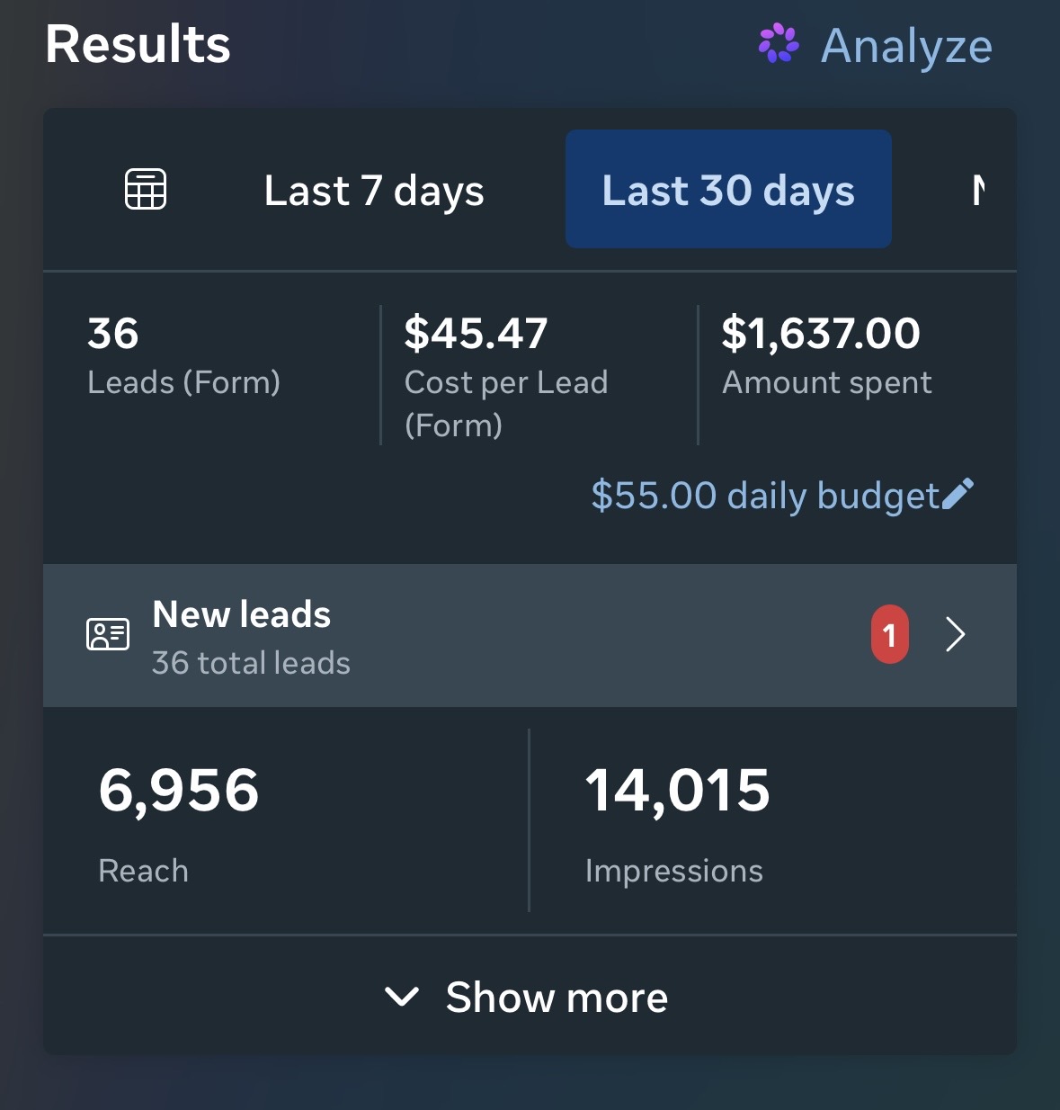 Client campaign results screenshot