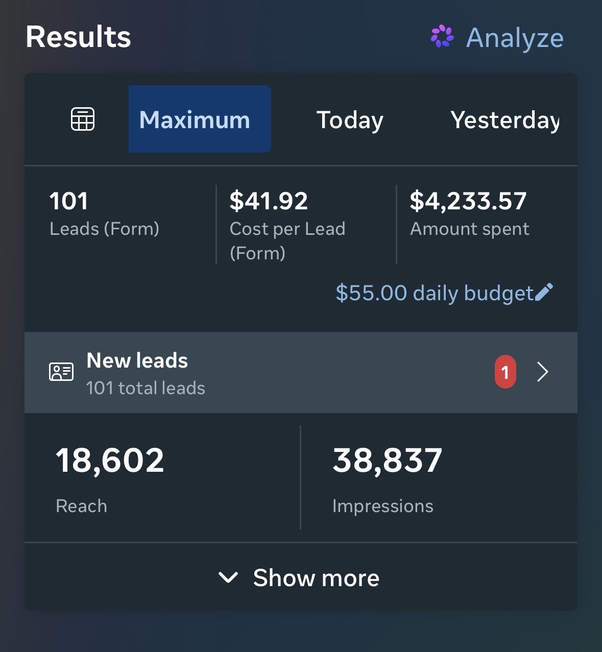 Client campaign results screenshot