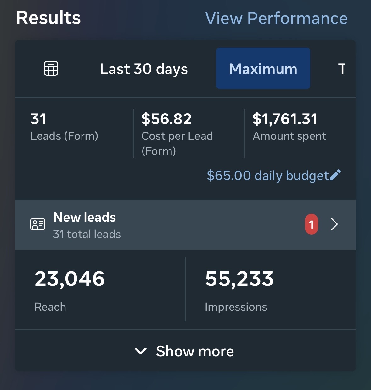 Client campaign results screenshot