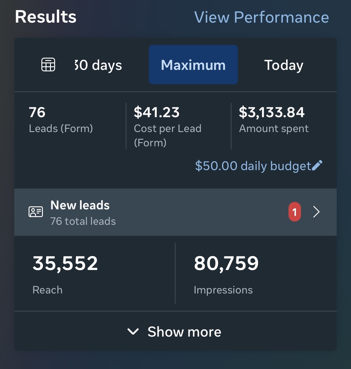 Client campaign results screenshot