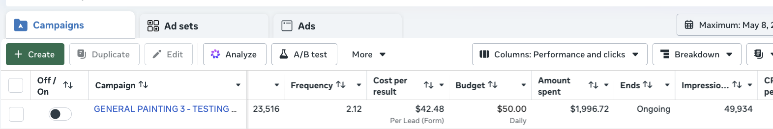 Client campaign results screenshot
