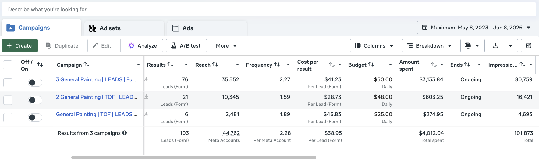 Client campaign results screenshot
