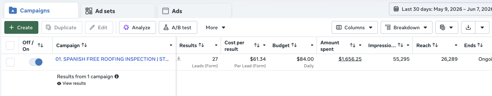 Client campaign results screenshot
