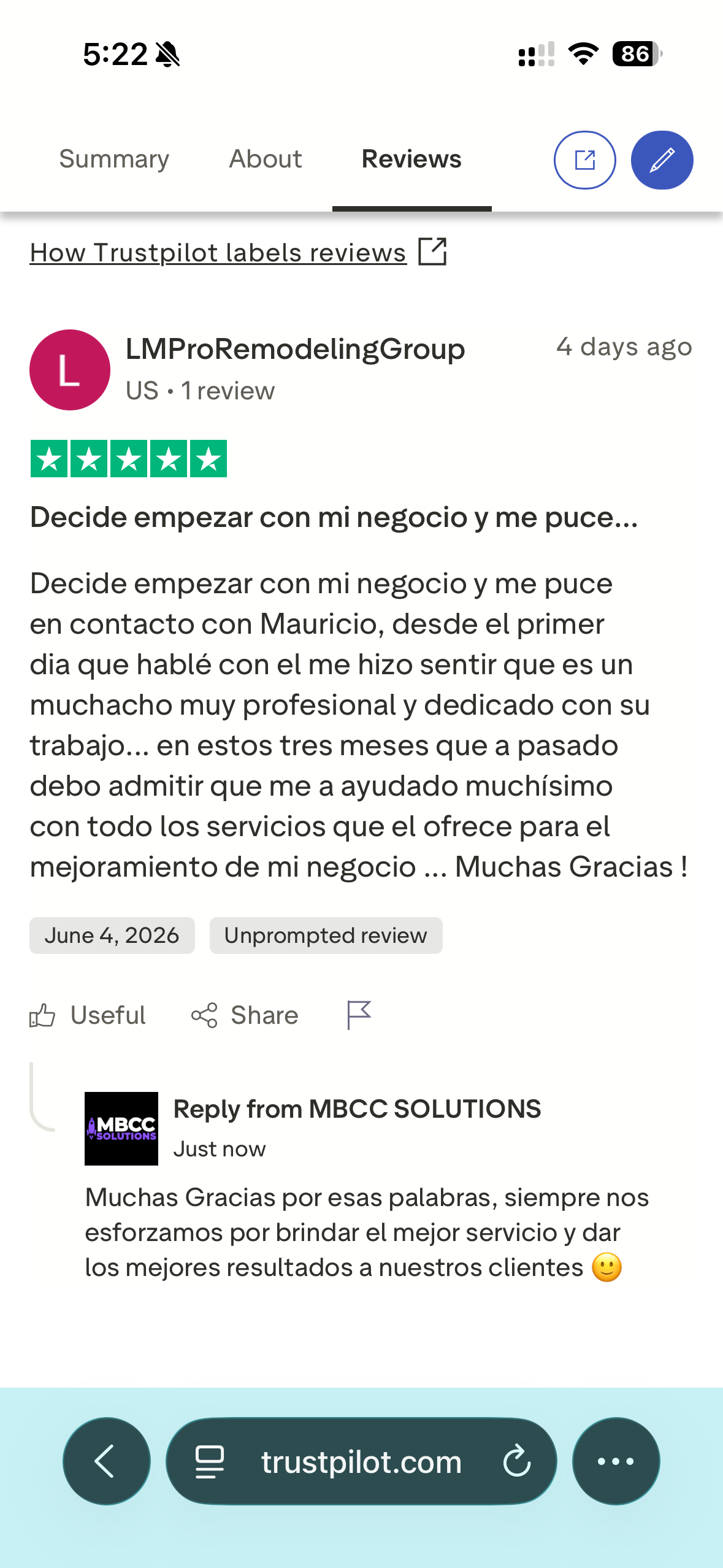 Trustpilot verified review screenshot