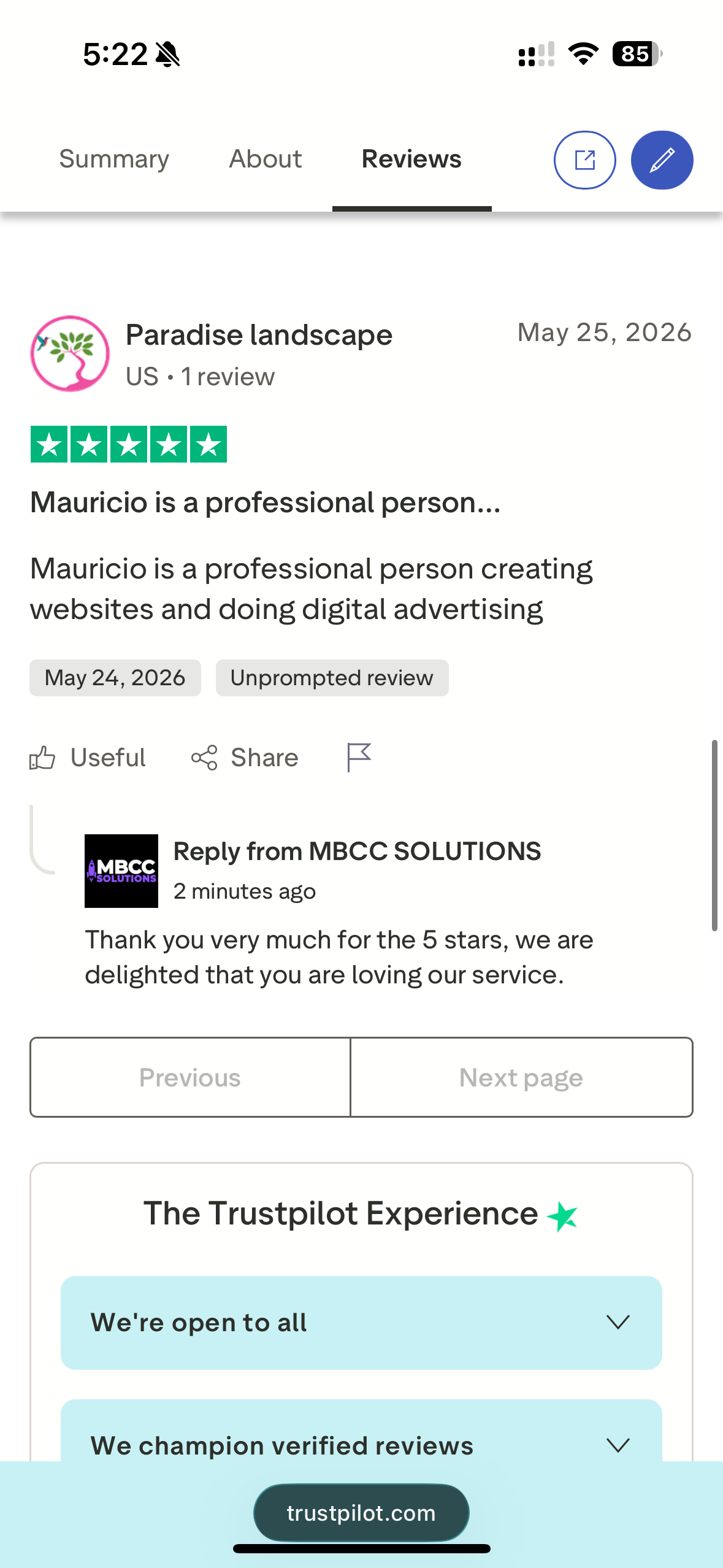 Trustpilot verified review screenshot