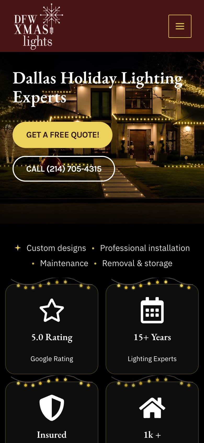 DFW Xmas Lights website, mobile view