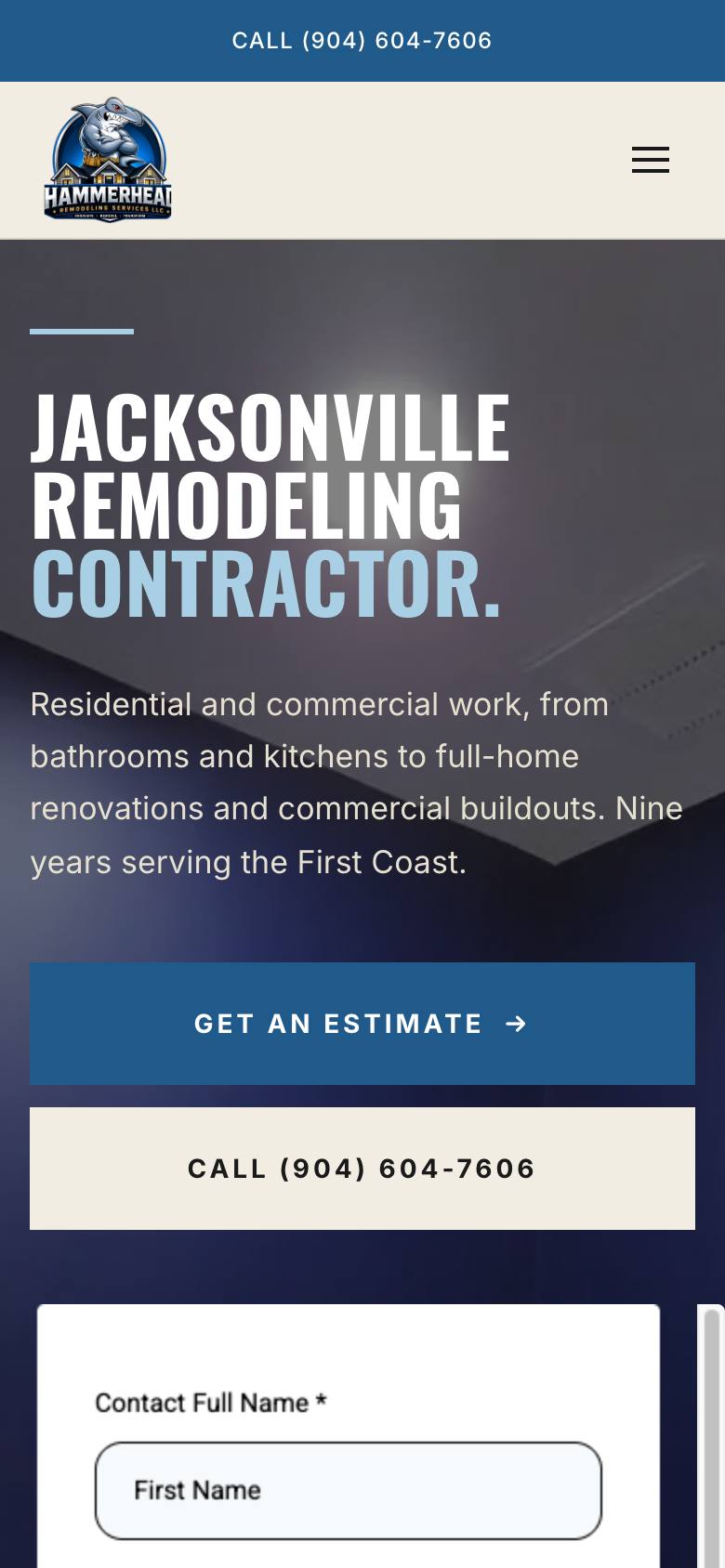 HammerHead Remodeling website, mobile view