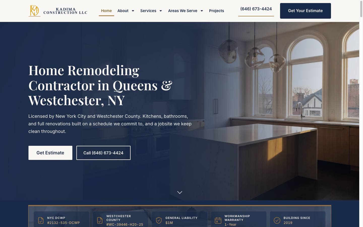 Kadima Construction website, desktop view