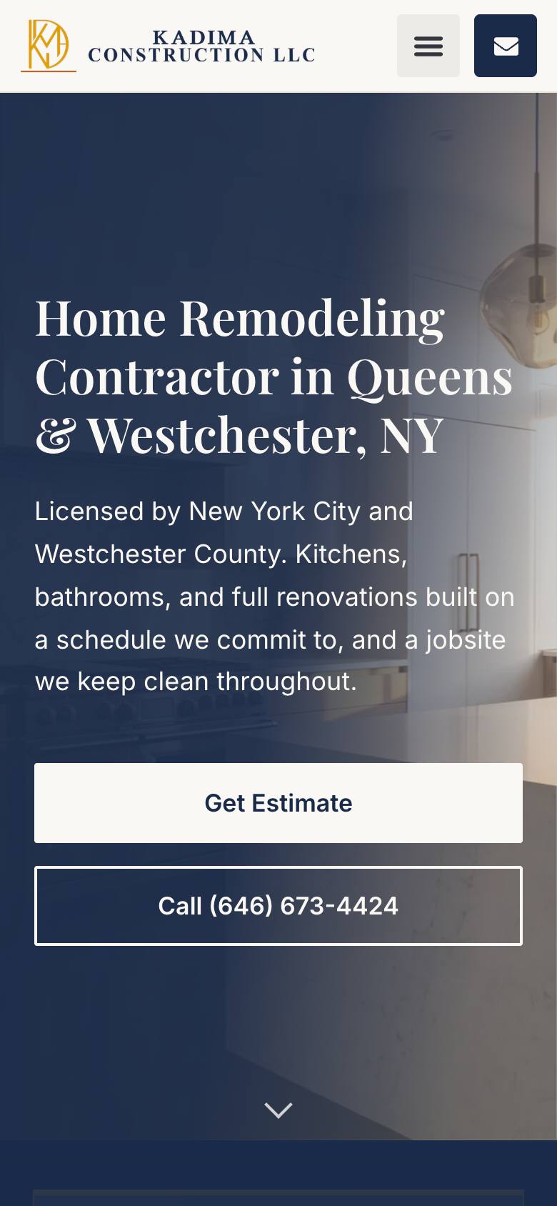 Kadima Construction website, mobile view