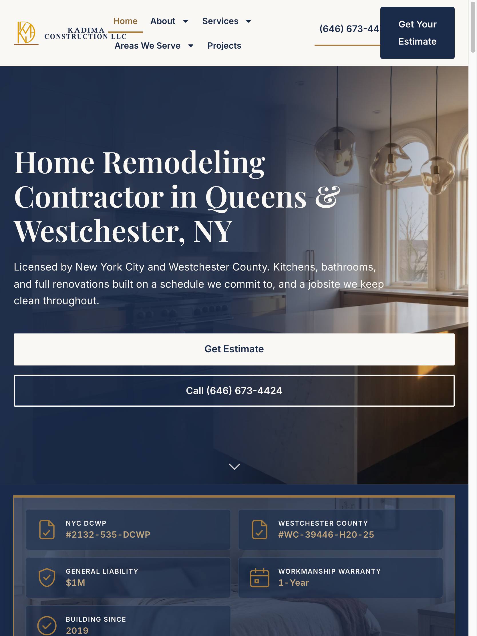 Kadima Construction website, tablet view