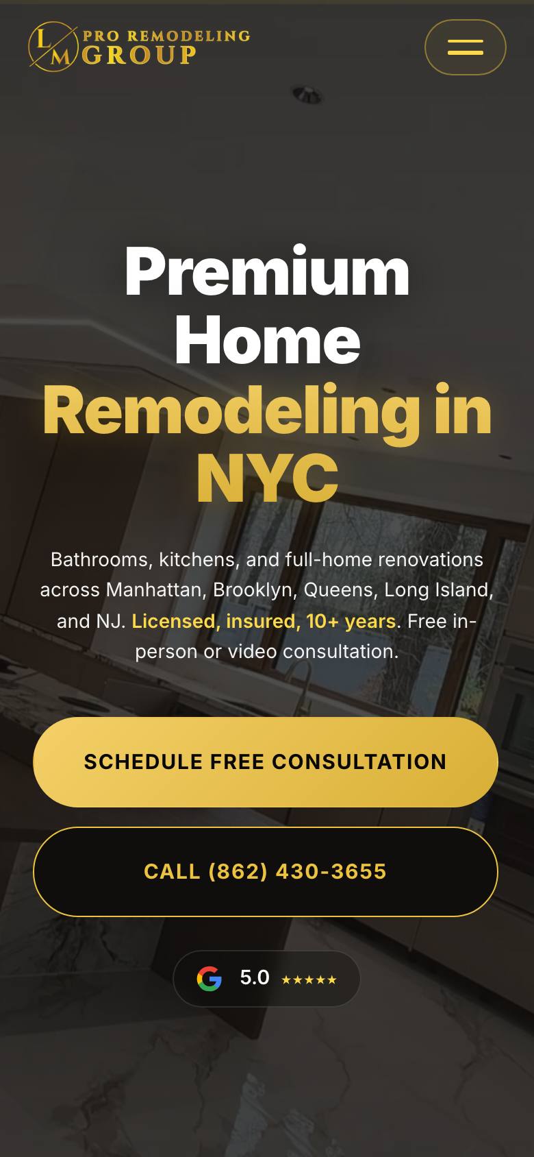 LM Pro Remodeling Group website — mobile view