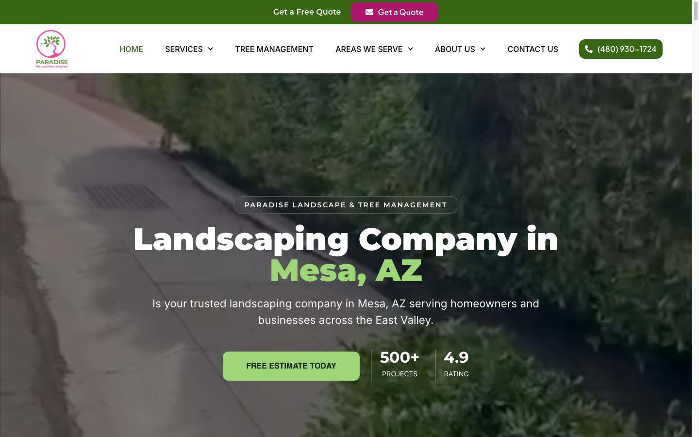 Paradise Landscape & Tree Management website — desktop view