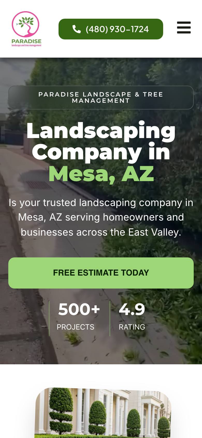 Paradise Landscape & Tree Management website — mobile view