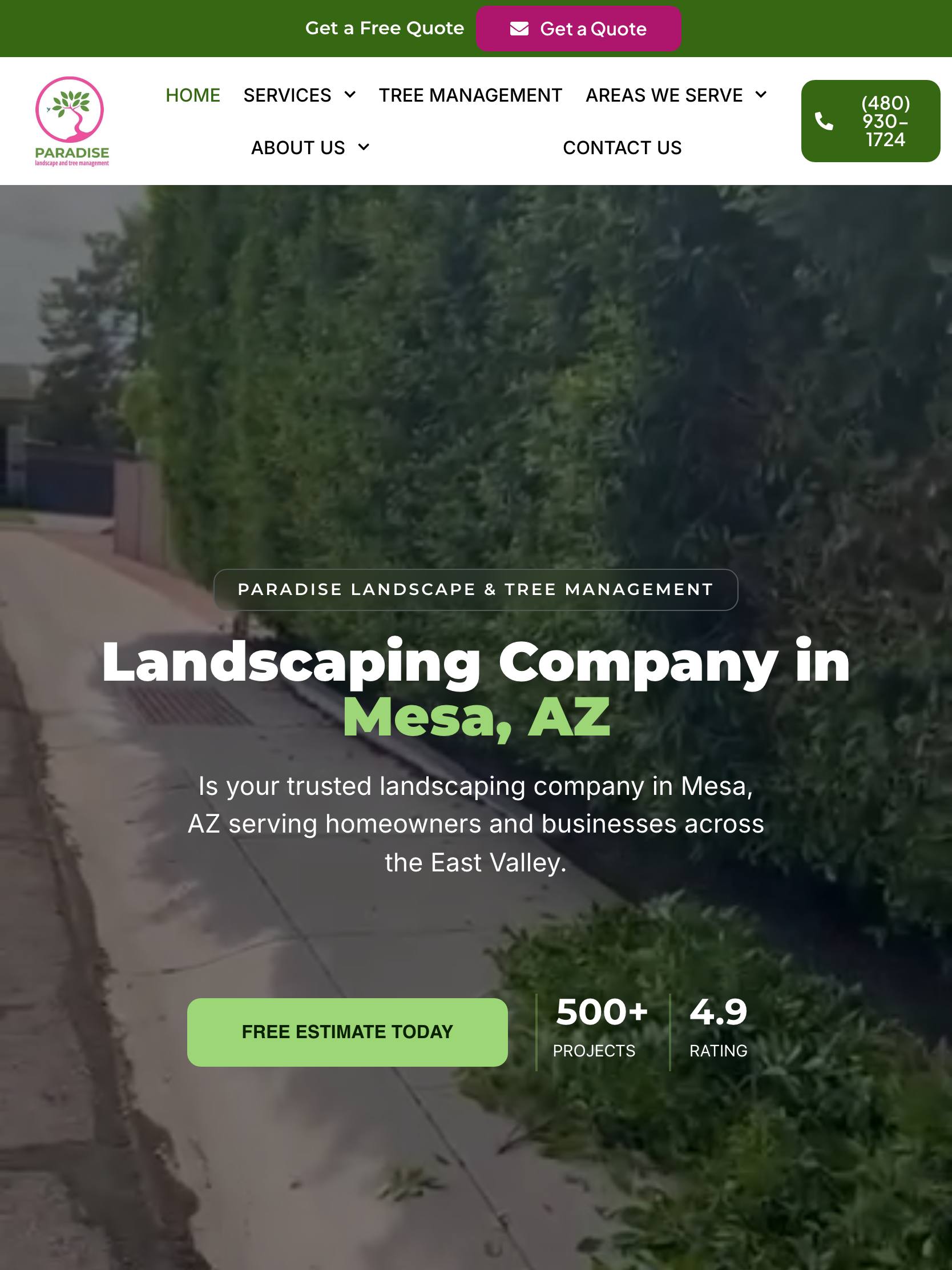 Paradise Landscape & Tree Management website — tablet view