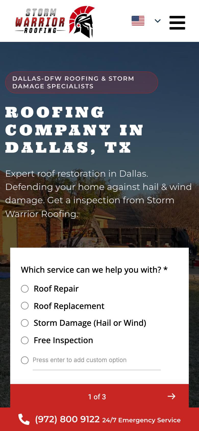 Storm Warrior Roofing website — mobile view