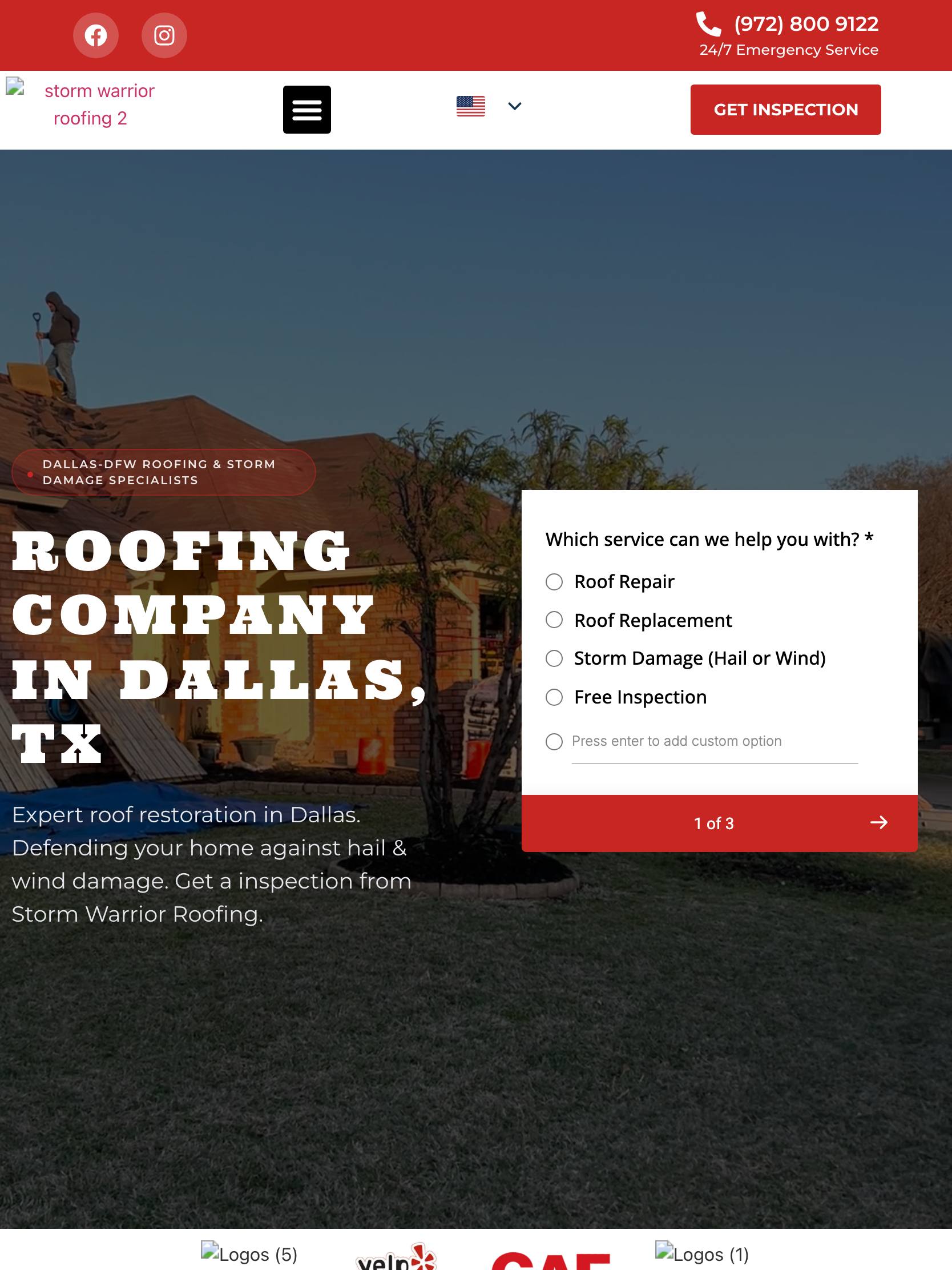 Storm Warrior Roofing website — tablet view