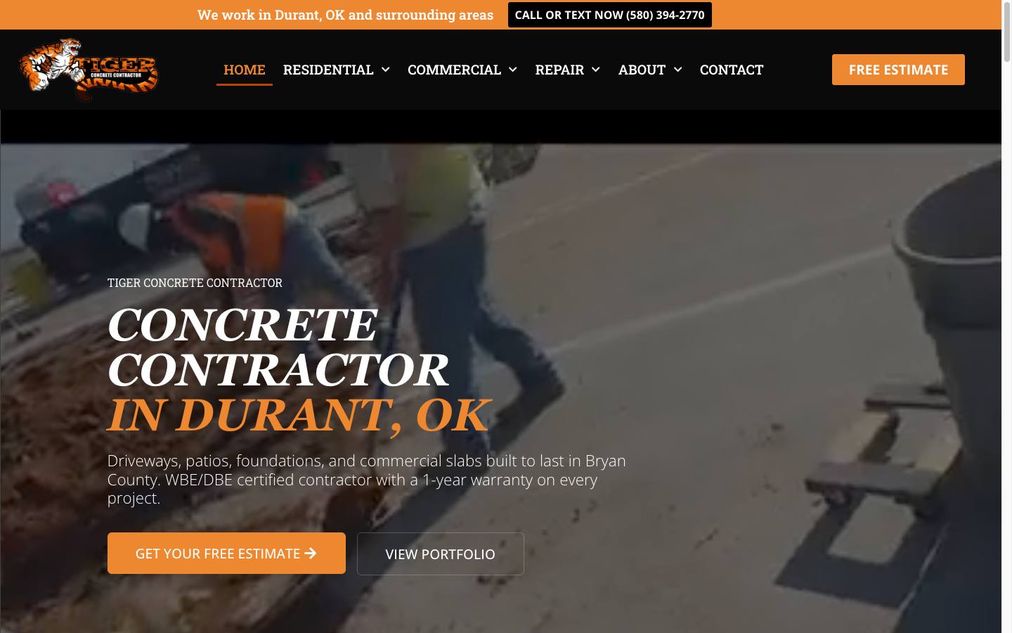 Tiger Concrete Contractor website — desktop view