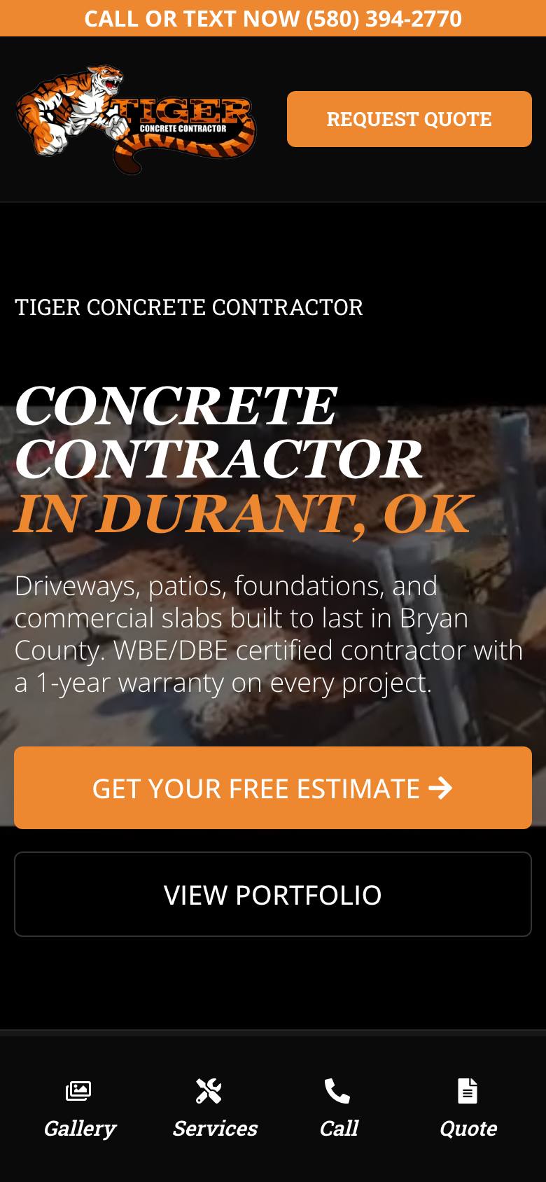 Tiger Concrete Contractor website — mobile view