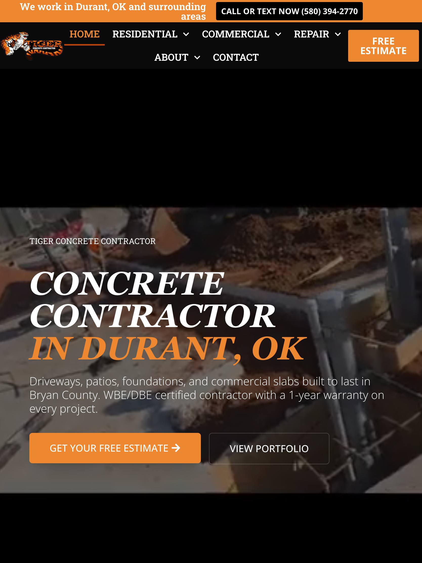 Tiger Concrete Contractor website — tablet view